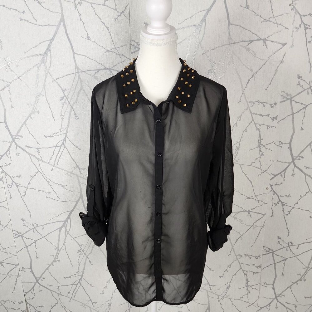 Stella Tweed Black Gold Studded Collar Button Front Sheer Blouse